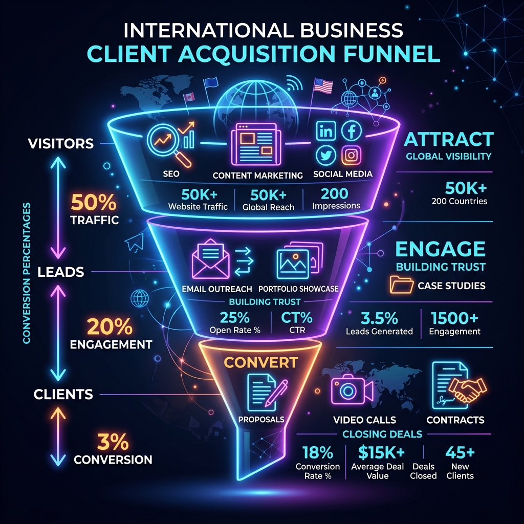 how to get international clients funnel strategy showing attract engage and convert stages for freelancers and digital marketing agencies