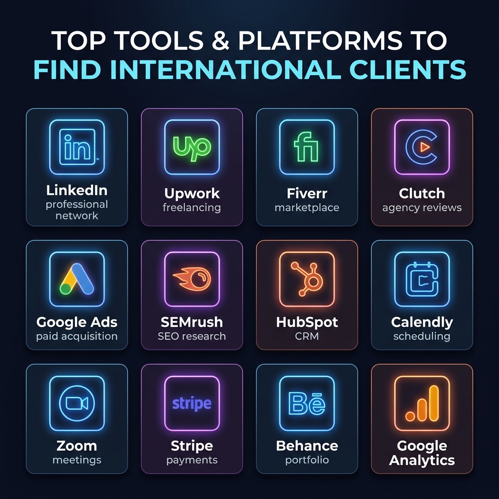 how to get international clients using top tools and platforms LinkedIn Upwork Fiverr Clutch Google Ads SEMrush HubSpot for freelancers and agencies