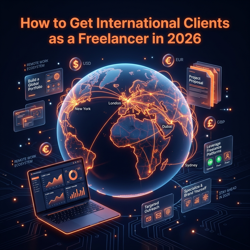 How to get international clients as a freelancer in 2026 guide by Grothify