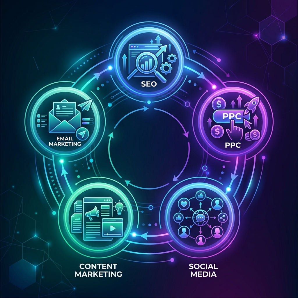 digital marketing agency strategy framework showing SEO PPC social media email marketing and content marketing