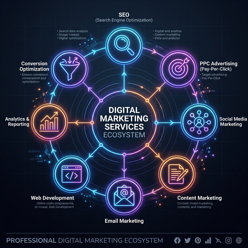 best digital marketing agency services ecosystem showing SEO PPC social media content marketing email web development analytics and conversion optimization