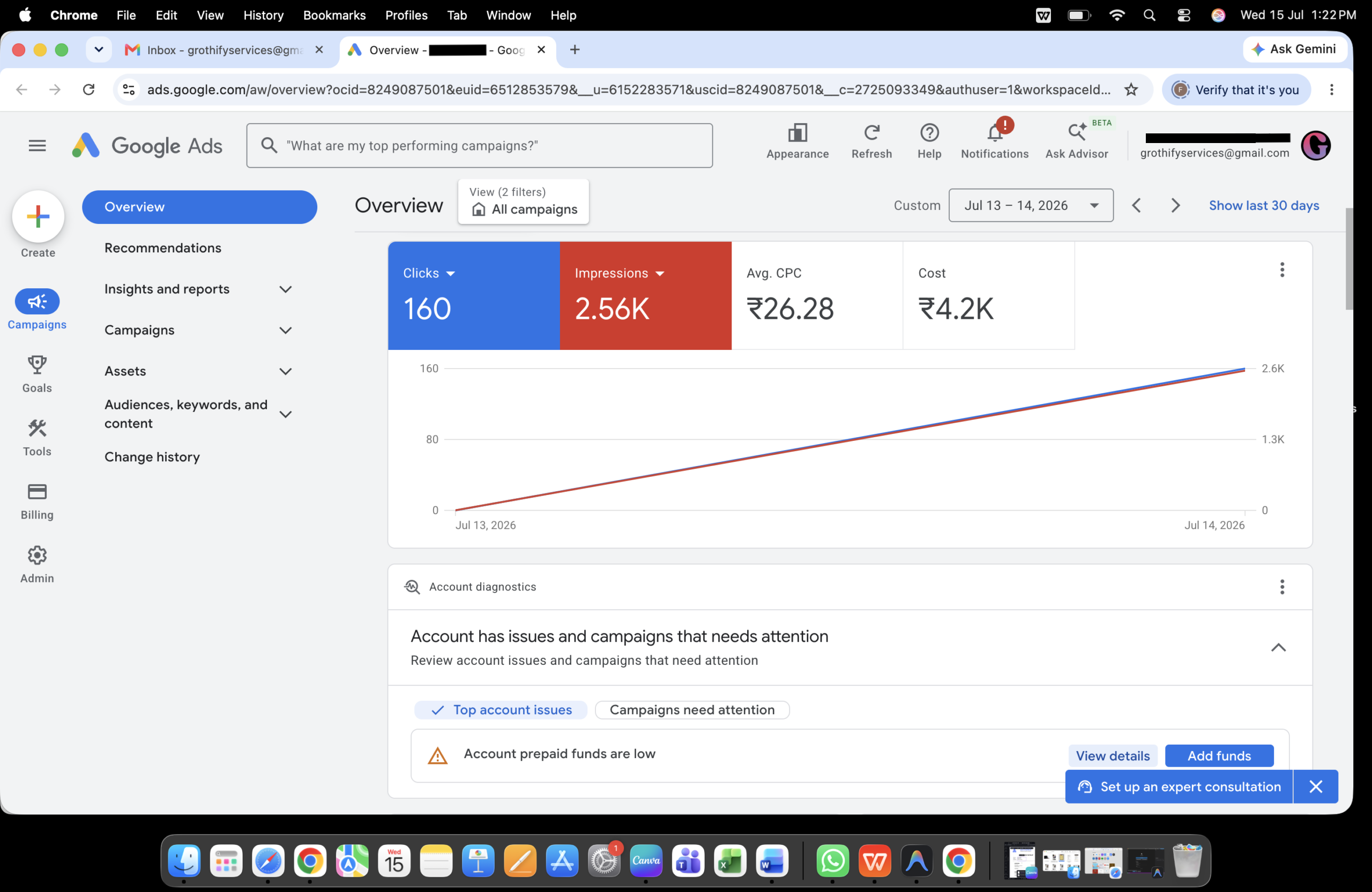 Google Ads Performance Campaign – Rapid Day 1 Growth Delivered immediate impact with 2.56K impressions and 160 clicks on the first day of launch. Costing just ₹4.2K with an optimized ₹26.28 CPC, this highlights our expertise in effective PPC strategy, rapid bid management, and result-driven optimization right out of the gate.