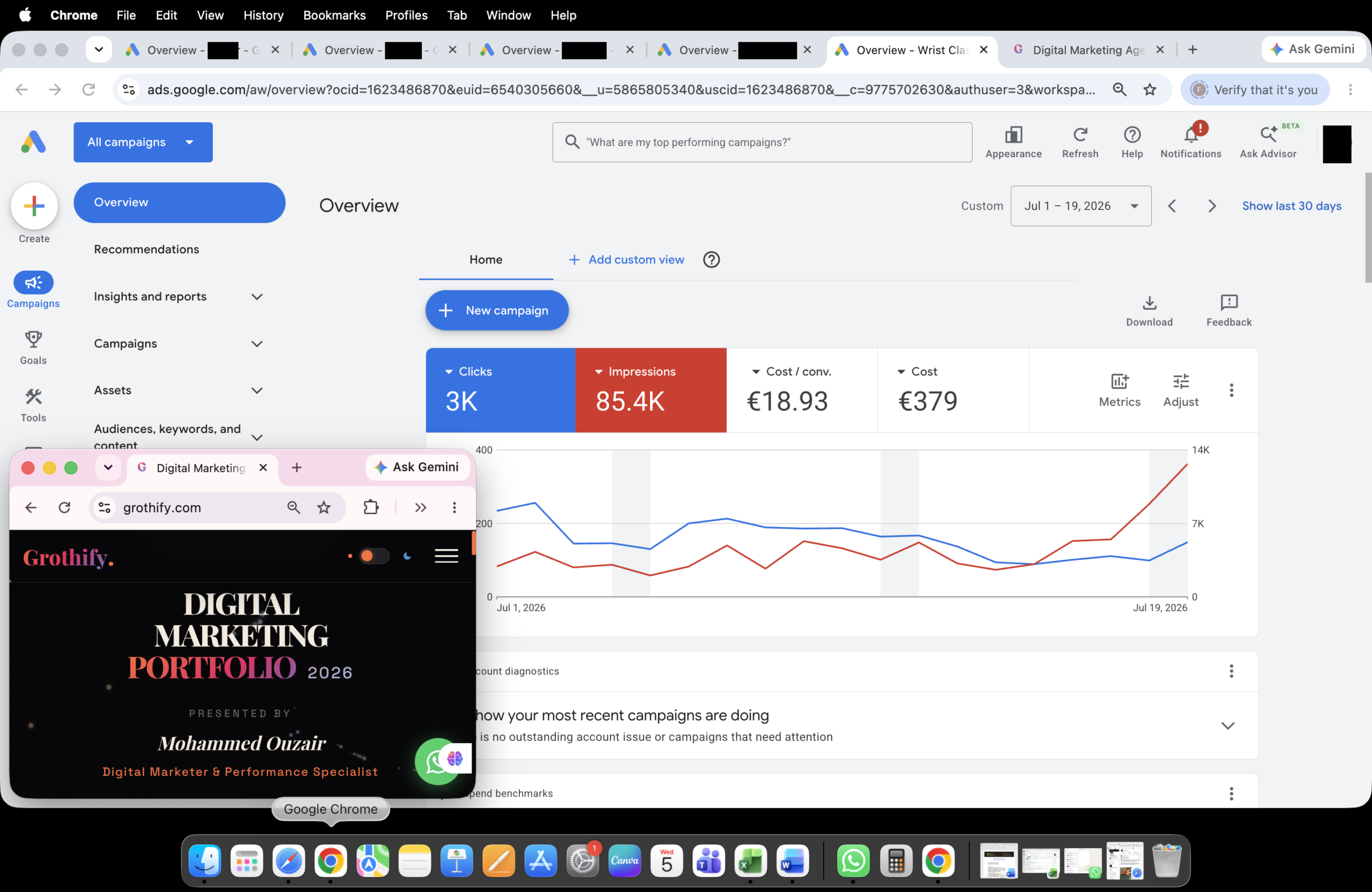 This campaign focused on driving streamlined user acquisition and optimized conversions. By capturing 85.4K impressions and generating 3K clicks, the account achieved a strong click-through rate while maintaining an efficient €18.93 cost per conversion on a total budget of €379. Keywords: Performance Marketing, Conversion Optimization, Paid Search, Cost per Conversion, Google Ads Management.