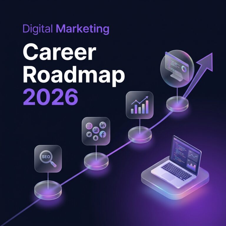 Digital marketing career roadmap 2026 showing skills pathway from SEO to social media to analytics with salary guide by Grothify Academy