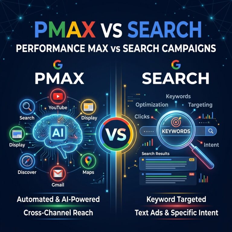 Performance Max vs Search campaigns comparison — PMax AI-powered vs keyword-targeted Google Ads
