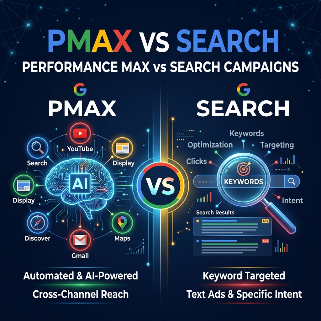 Performance Max vs Search campaigns comparison — PMax AI-powered vs keyword-targeted Google Ads